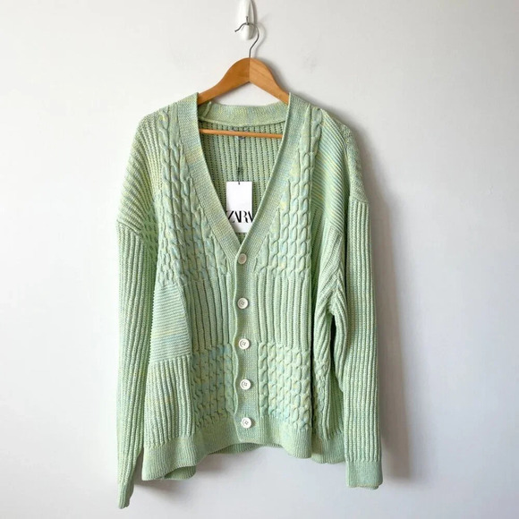 Zara  Textured Weave Woven Oversized Cardigan NWT Green Yellow Size XL - Picture 3 of 8